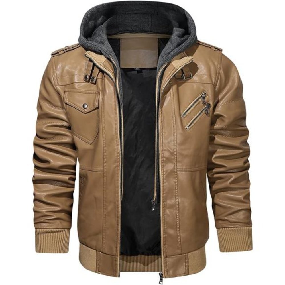 Khaki Beige Faux Leather Motorcycle Bomber Jacket Zip Up Hoodie Removable‎ Hood - Picture 3 of 6